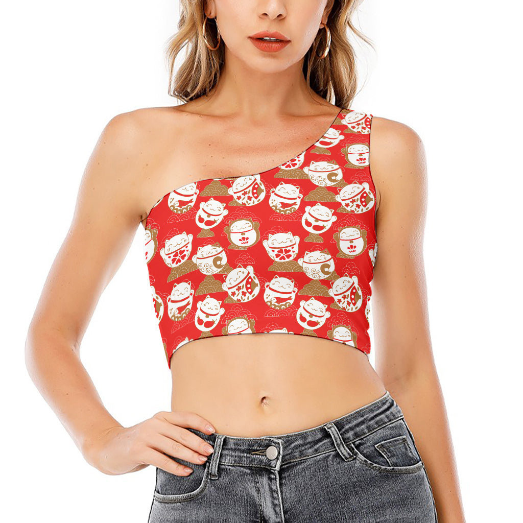 Japanese Lucky Cat Pattern Print One Shoulder Crop Top