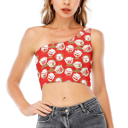 Japanese Lucky Cat Pattern Print One Shoulder Crop Top
