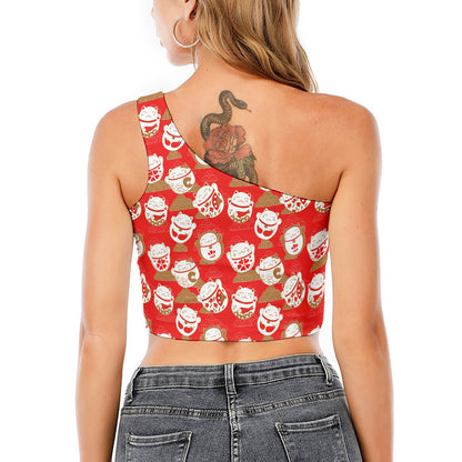 Japanese Lucky Cat Pattern Print One Shoulder Crop Top