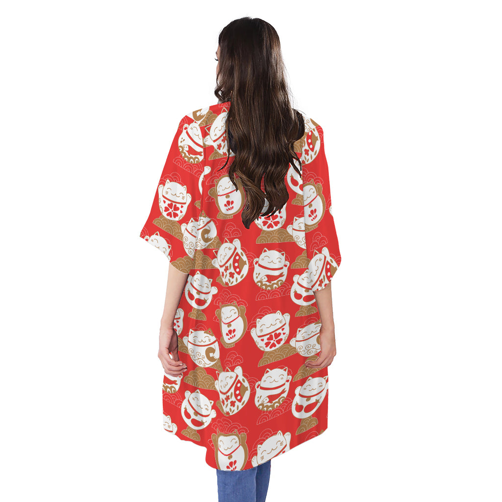 Japanese Lucky Cat Pattern Print Open Front Beach Cover Up