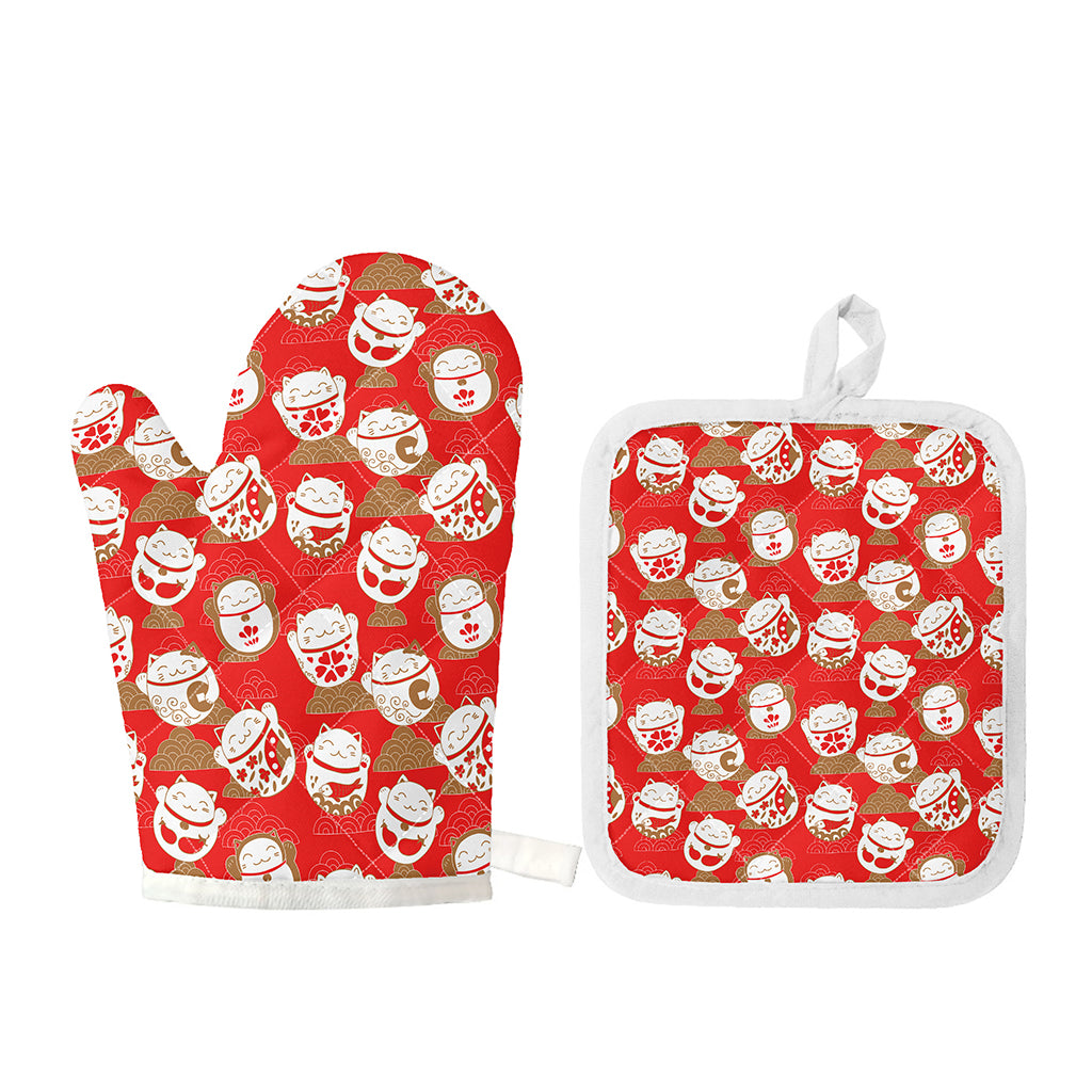 Japanese Lucky Cat Pattern Print Oven Mitt And Pot Holder Set