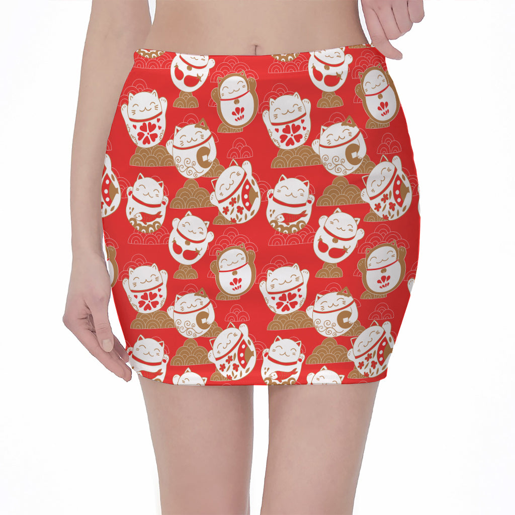 Japanese Lucky Cat Pattern Print Pencil Mini Skirt