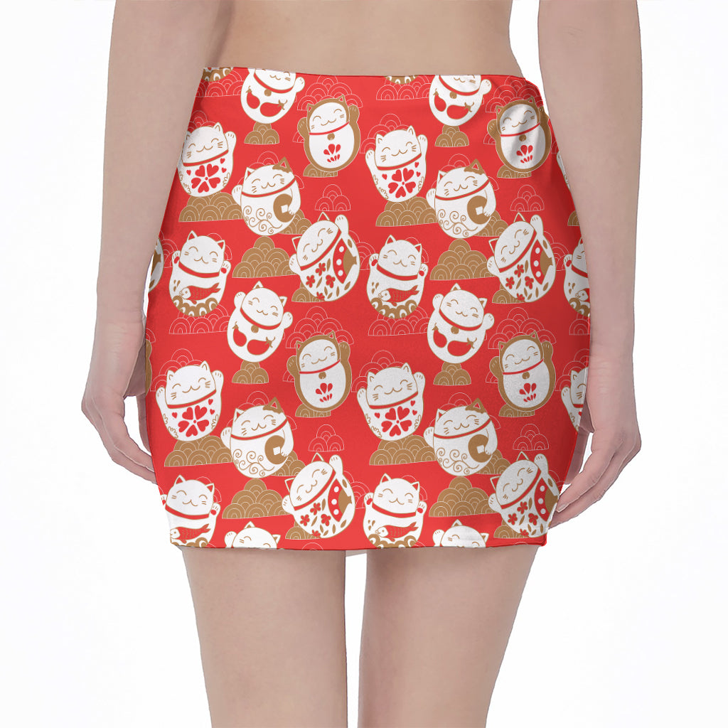 Japanese Lucky Cat Pattern Print Pencil Mini Skirt
