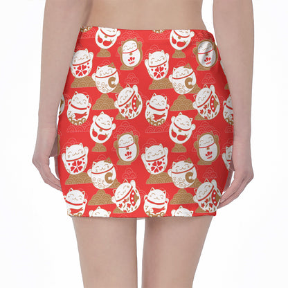 Japanese Lucky Cat Pattern Print Pencil Mini Skirt
