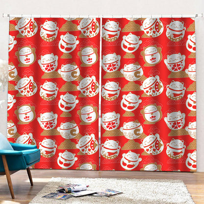 Japanese Lucky Cat Pattern Print Pencil Pleat Curtains