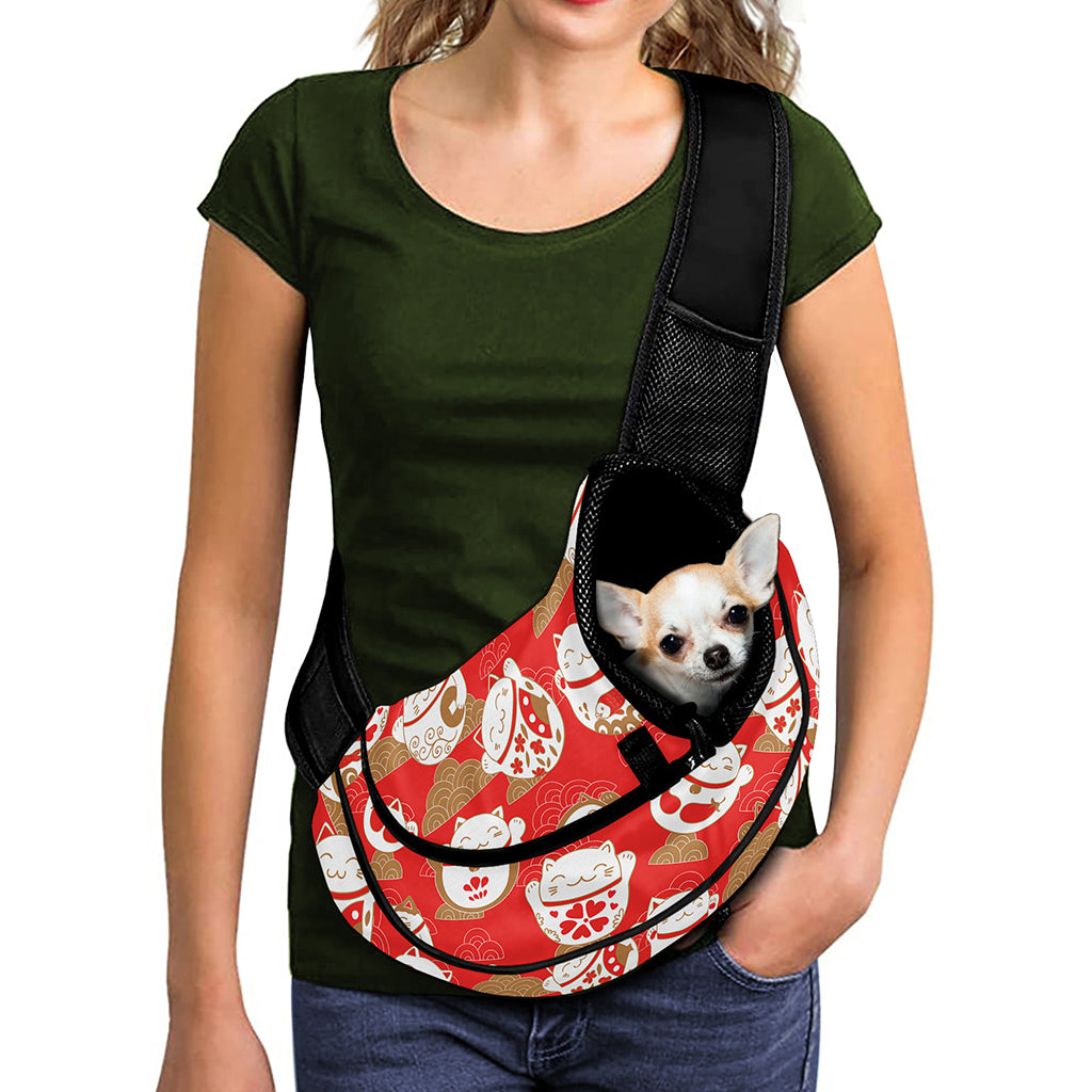Japanese Lucky Cat Pattern Print Pet Sling Carrier