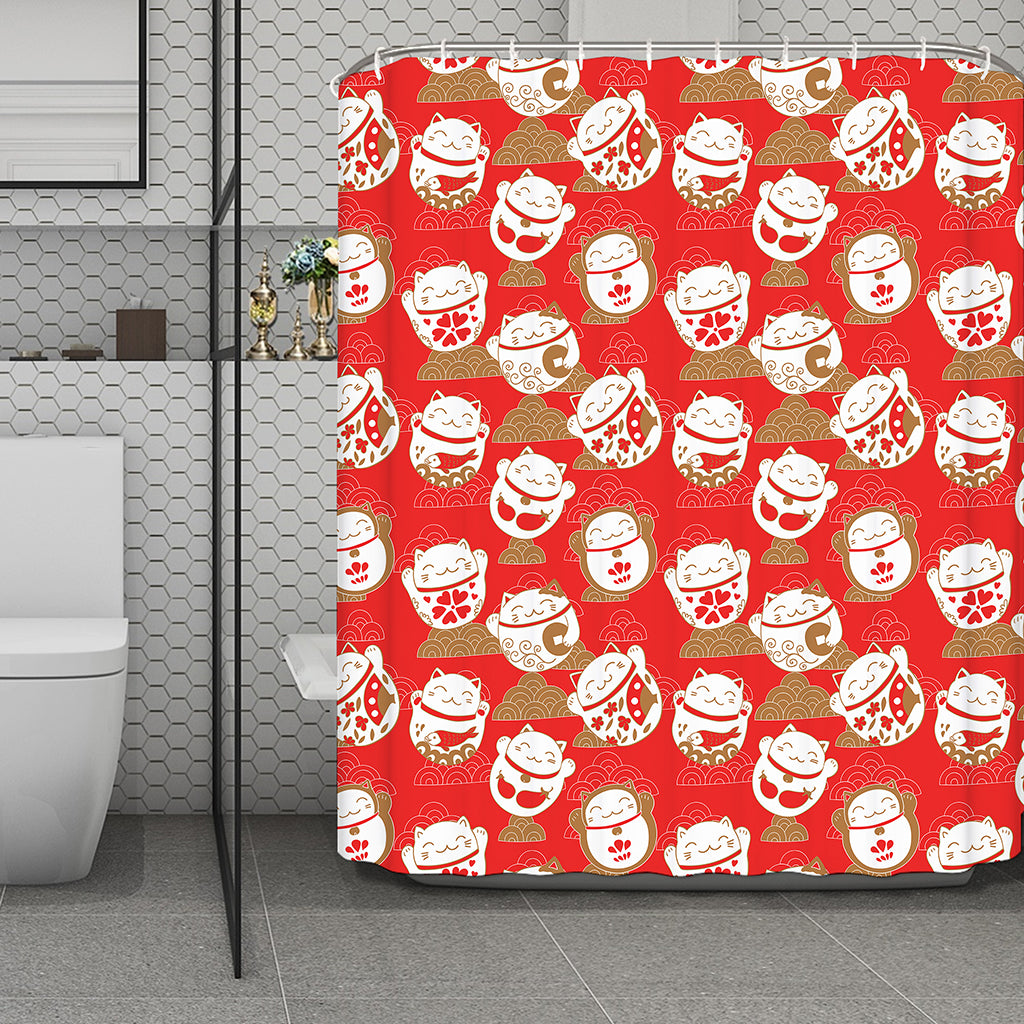Japanese Lucky Cat Pattern Print Polyester Shower Curtain