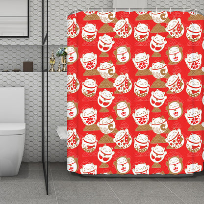 Japanese Lucky Cat Pattern Print Polyester Shower Curtain