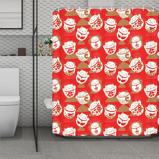 Japanese Lucky Cat Pattern Print Polyester Shower Curtain
