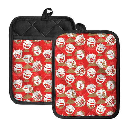 Japanese Lucky Cat Pattern Print Pot Holders With Pocket
