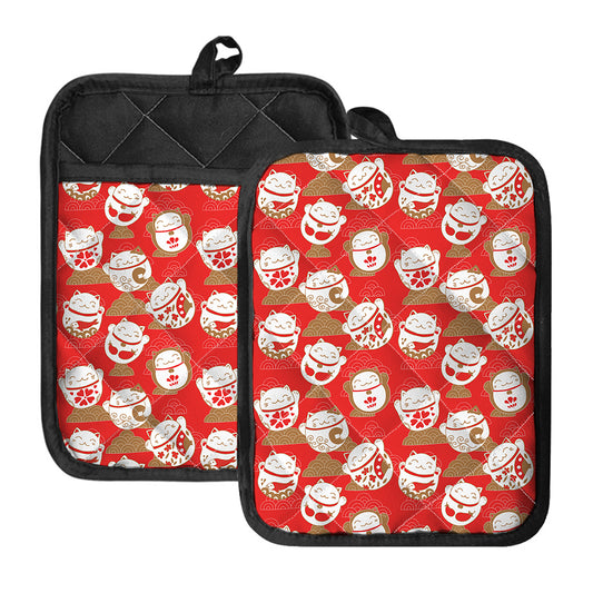 Japanese Lucky Cat Pattern Print Pot Holders With Pocket