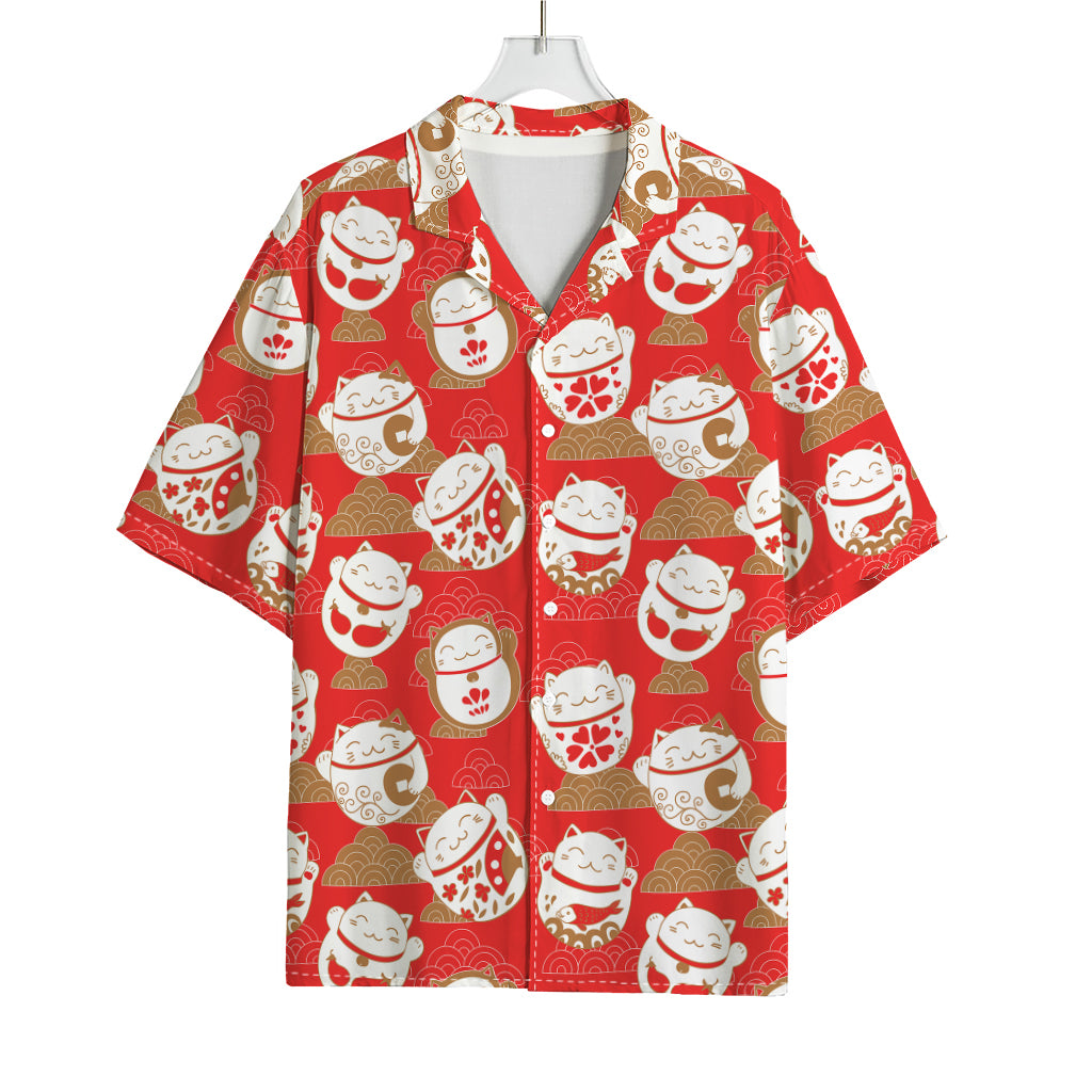 Japanese Lucky Cat Pattern Print Rayon Hawaiian Shirt