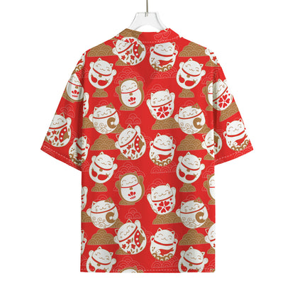 Japanese Lucky Cat Pattern Print Rayon Hawaiian Shirt