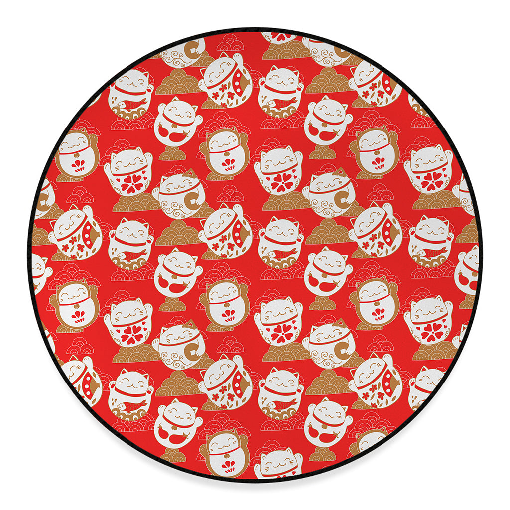 Japanese Lucky Cat Pattern Print Round Floor Mat