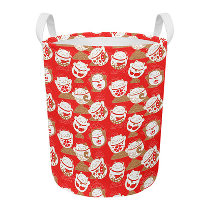 Japanese Lucky Cat Pattern Print Round Laundry Basket