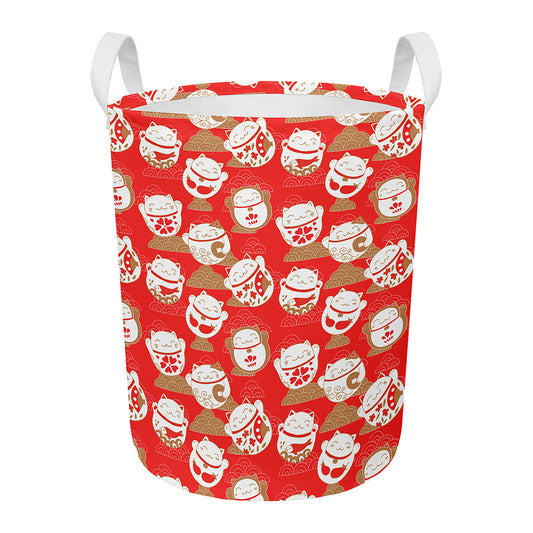Japanese Lucky Cat Pattern Print Round Laundry Basket