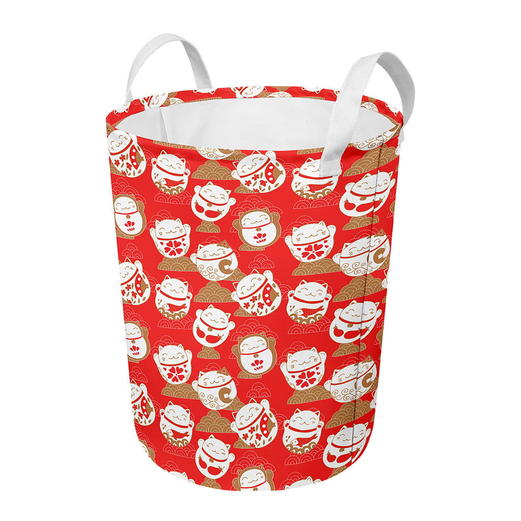 Japanese Lucky Cat Pattern Print Round Laundry Basket