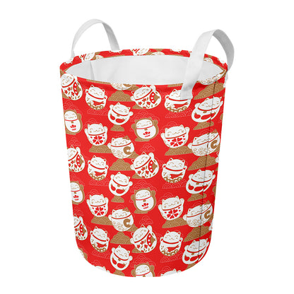 Japanese Lucky Cat Pattern Print Round Laundry Basket