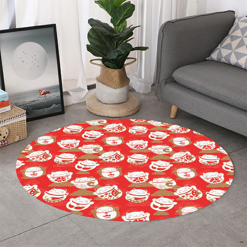 Japanese Lucky Cat Pattern Print Round Rug