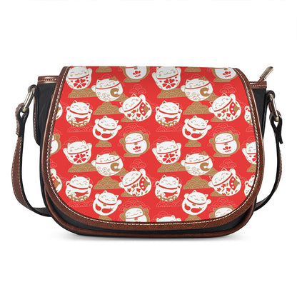 Japanese Lucky Cat Pattern Print Saddle Bag