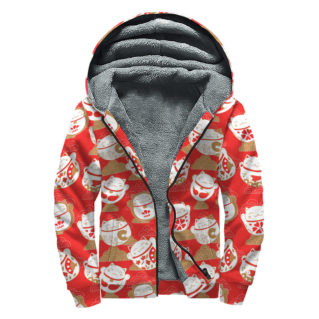 Japanese Lucky Cat Pattern Print Sherpa Lined Zip Up Hoodie