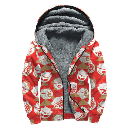 Japanese Lucky Cat Pattern Print Sherpa Lined Zip Up Hoodie