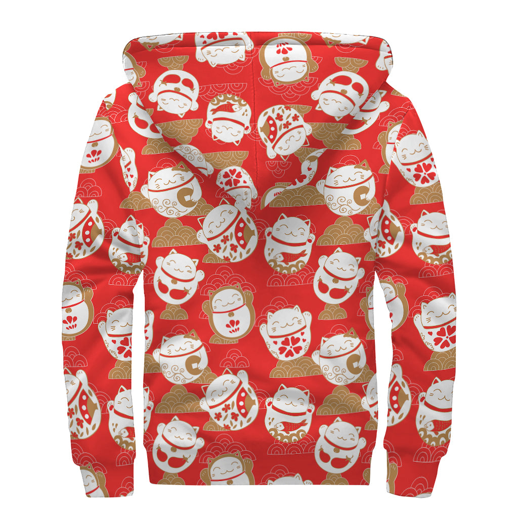 Japanese Lucky Cat Pattern Print Sherpa Lined Zip Up Hoodie