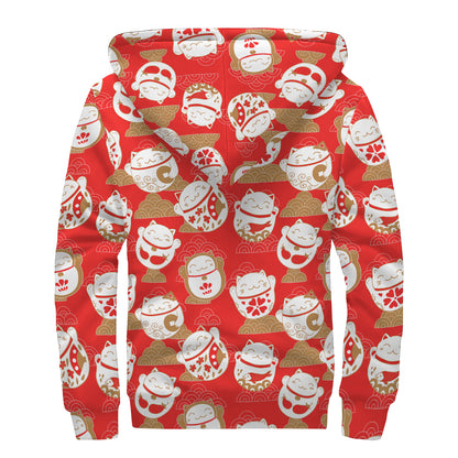 Japanese Lucky Cat Pattern Print Sherpa Lined Zip Up Hoodie