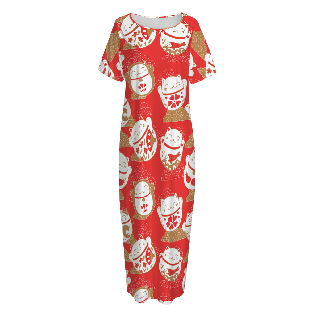 Japanese Lucky Cat Pattern Print Short Sleeve Long Nightdress