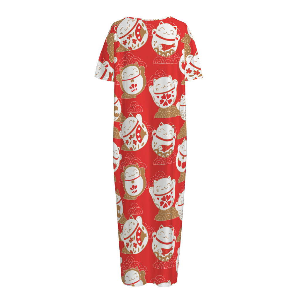 Japanese Lucky Cat Pattern Print Short Sleeve Long Nightdress
