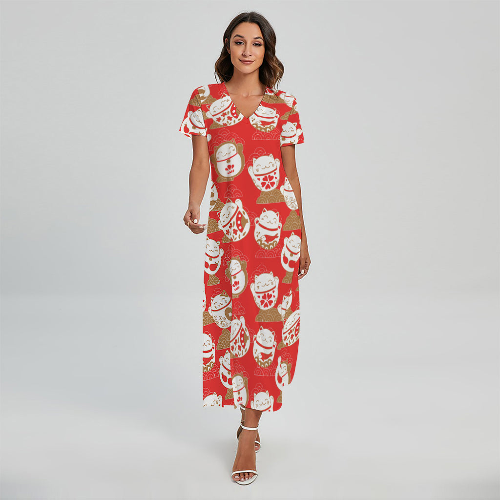 Japanese Lucky Cat Pattern Print Short Sleeve Maxi Dress