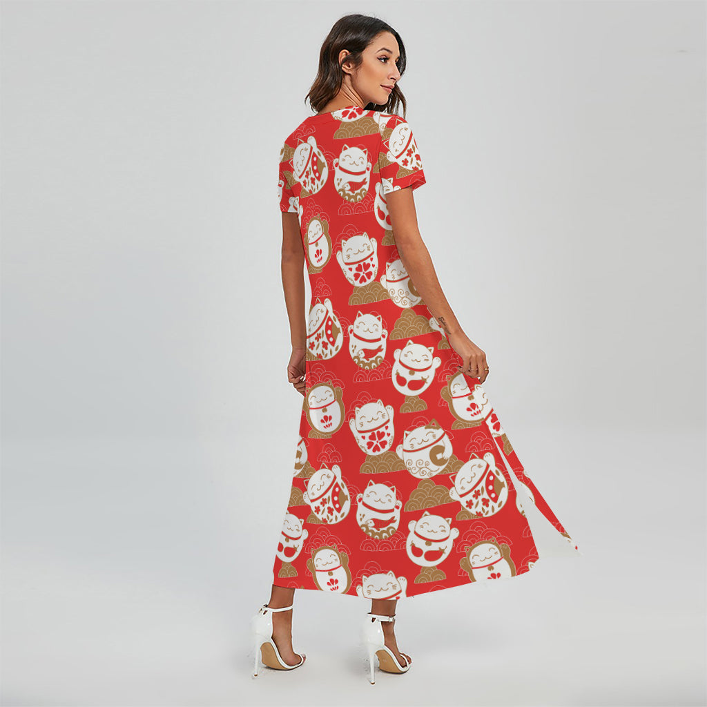 Japanese Lucky Cat Pattern Print Short Sleeve Maxi Dress