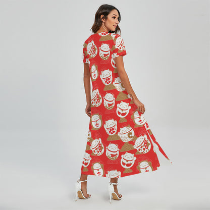 Japanese Lucky Cat Pattern Print Short Sleeve Maxi Dress