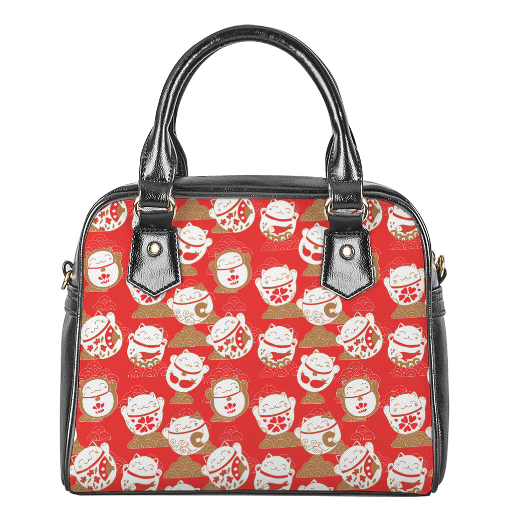 Japanese Lucky Cat Pattern Print Shoulder Handbag