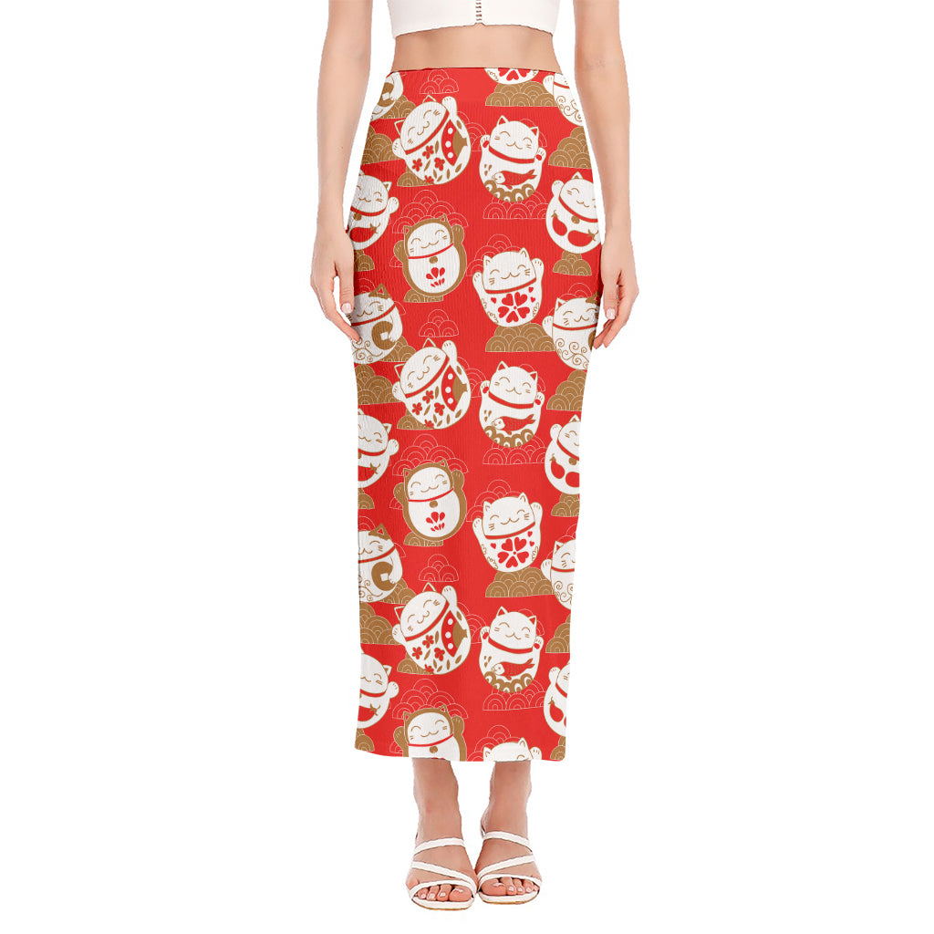 Japanese Lucky Cat Pattern Print Side Slit Maxi Skirt