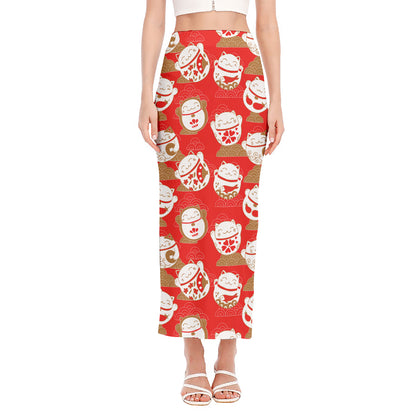 Japanese Lucky Cat Pattern Print Side Slit Maxi Skirt