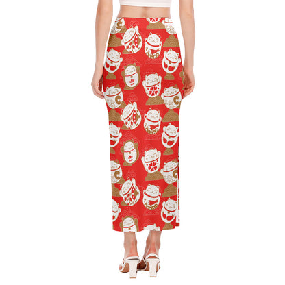 Japanese Lucky Cat Pattern Print Side Slit Maxi Skirt