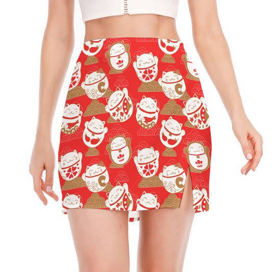 Japanese Lucky Cat Pattern Print Side Slit Mini Skirt