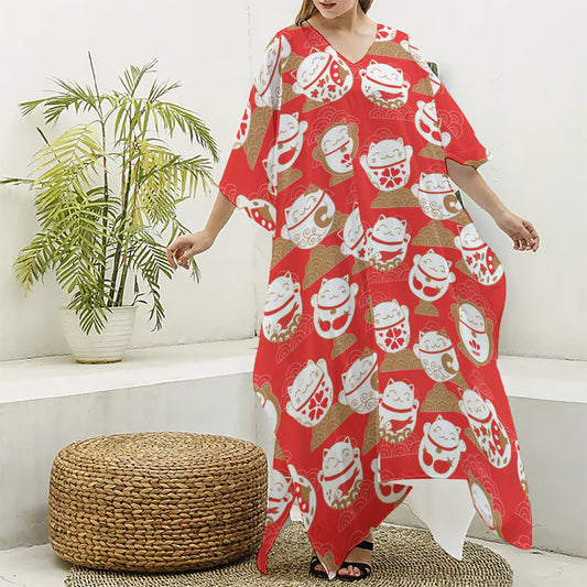 Japanese Lucky Cat Pattern Print Silk V-Neck Kaftan Dress