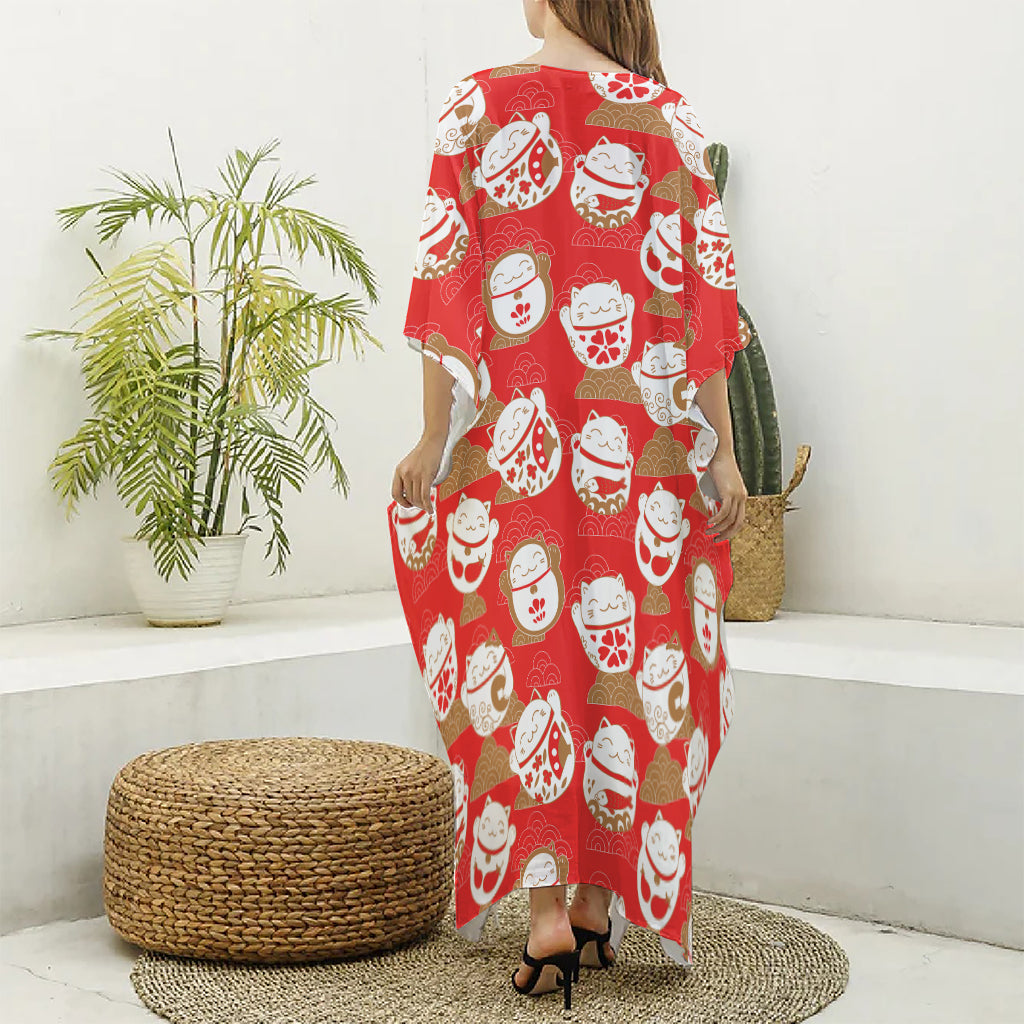 Japanese Lucky Cat Pattern Print Silk V-Neck Kaftan Dress
