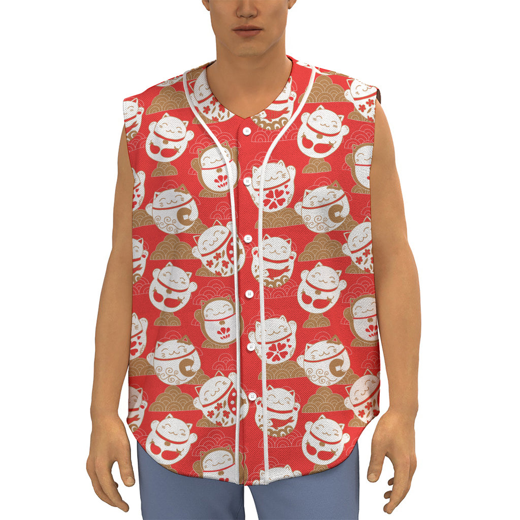 Japanese Lucky Cat Pattern Print Sleeveless Baseball Jersey