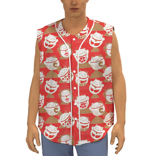 Japanese Lucky Cat Pattern Print Sleeveless Baseball Jersey