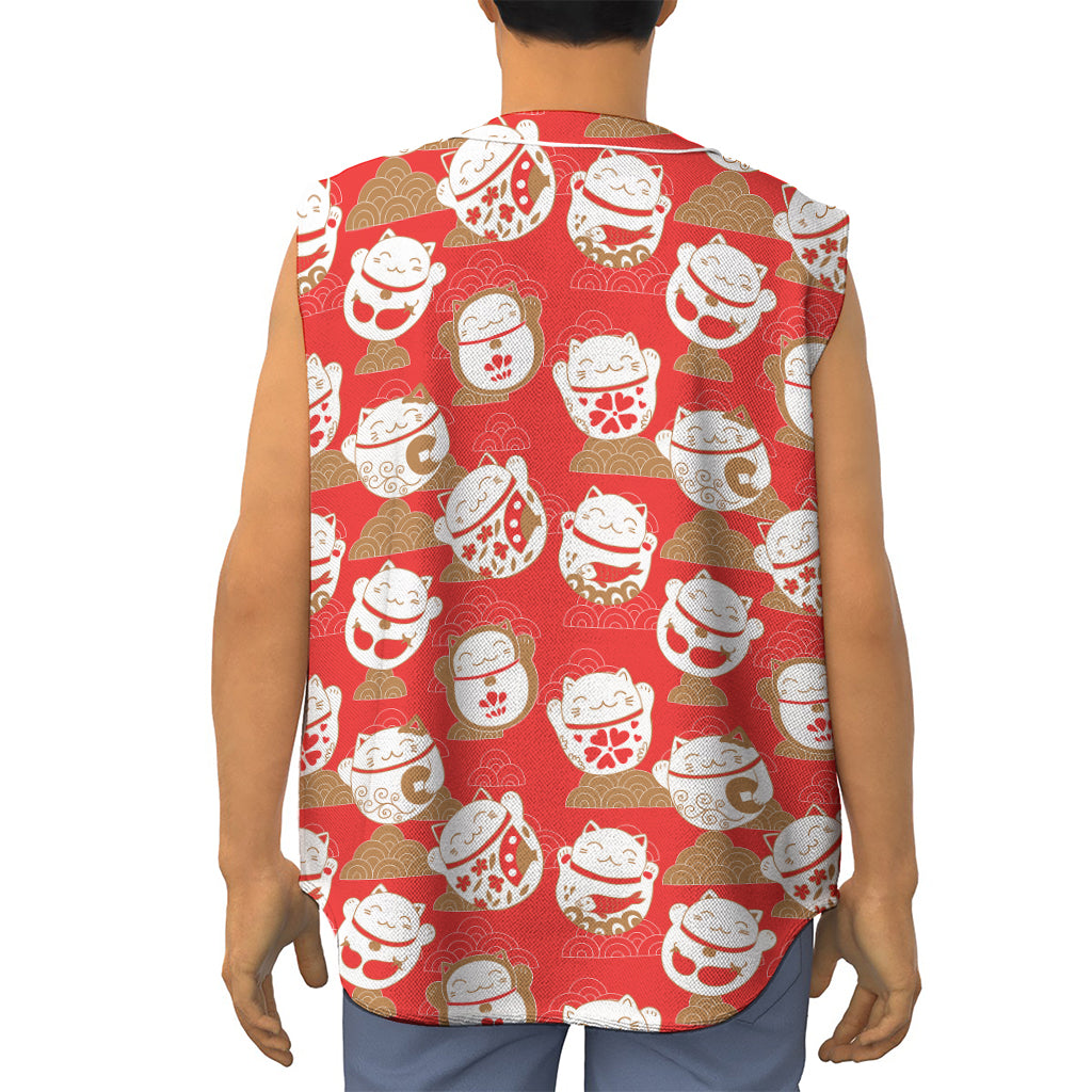 Japanese Lucky Cat Pattern Print Sleeveless Baseball Jersey
