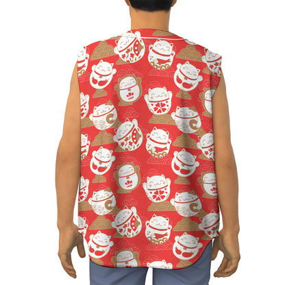 Japanese Lucky Cat Pattern Print Sleeveless Baseball Jersey
