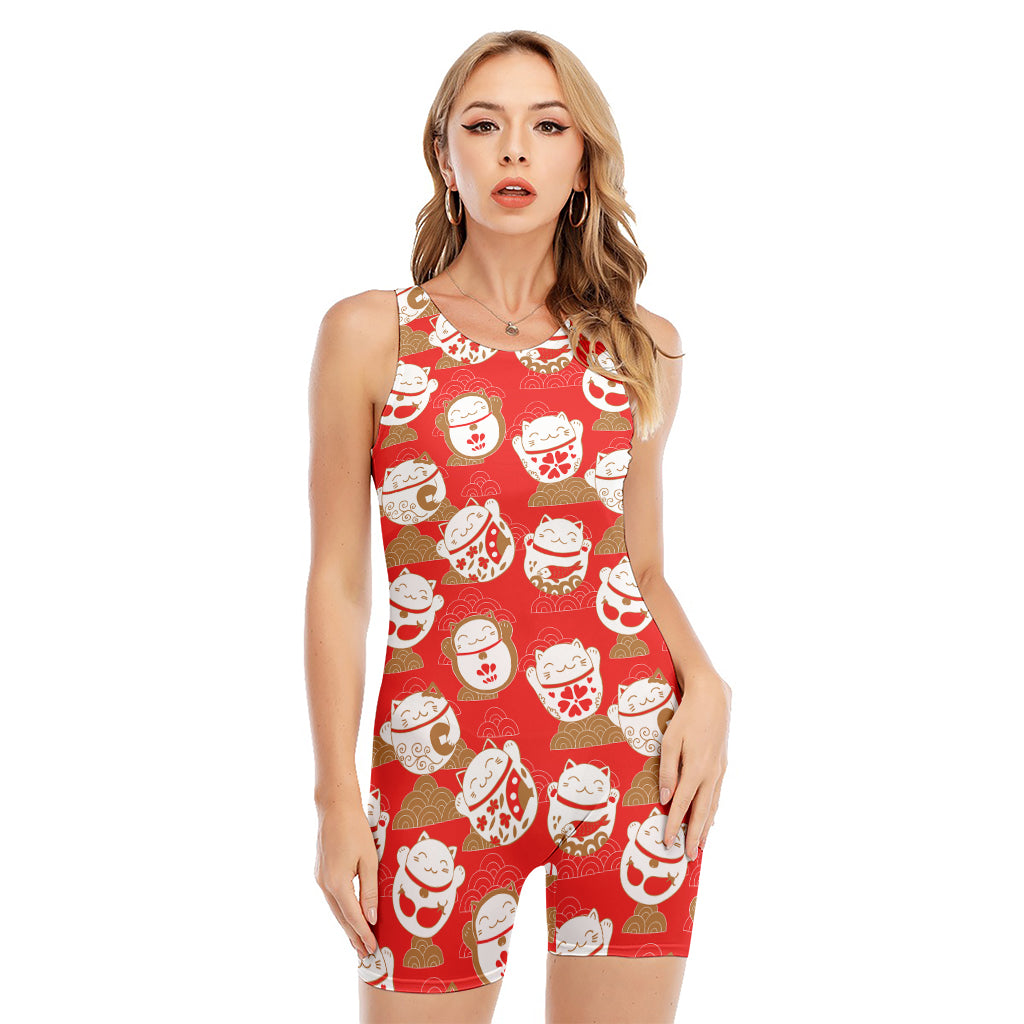 Japanese Lucky Cat Pattern Print Sleeveless One Piece Swimsuit