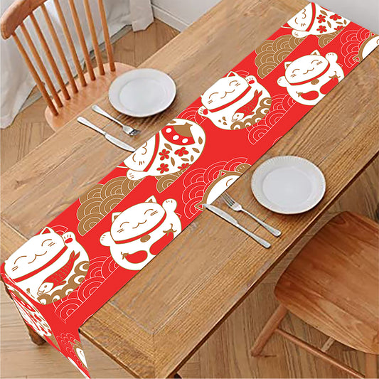 Japanese Lucky Cat Pattern Print Table Runner
