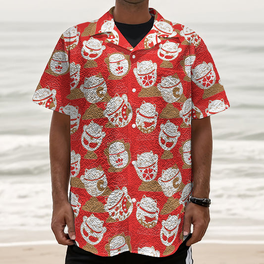 Japanese Lucky Cat Pattern Print Textured Short Sleeve Shirt