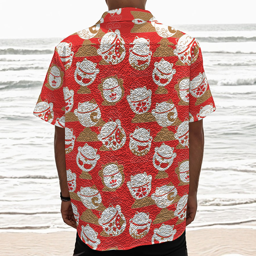 Japanese Lucky Cat Pattern Print Textured Short Sleeve Shirt