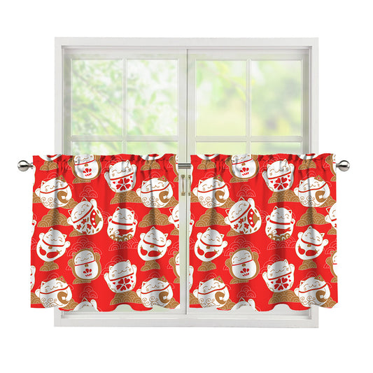 Japanese Lucky Cat Pattern Print Tier Curtains