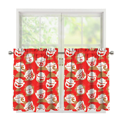 Japanese Lucky Cat Pattern Print Tier Curtains